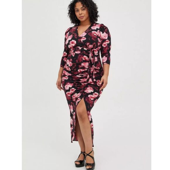 NWT Torrid Multi Floral Maxi Studio Ruched Knit Hi-Low Dress 20 - Picture 2 of 11